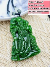 Jade Guan Yu Charm Pendant Necklace W/ Beads Cord Handmade Carved Green Gemstone