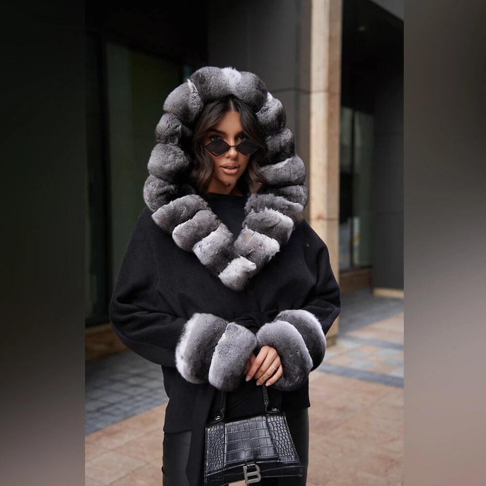 Real Cashmere Wool Coat Winter Women Rex Rabbit Fur Collar Cuffs Overcoat  Belted