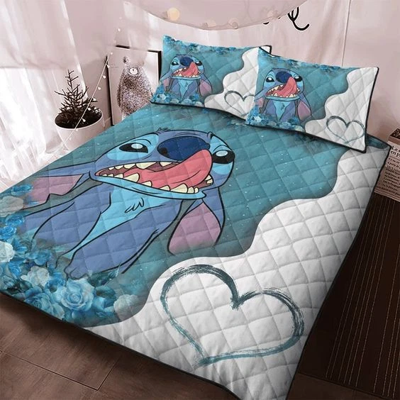 Cute Stitch Lick Funny Mood Love Stitch And Lilo Quilt Bed Set