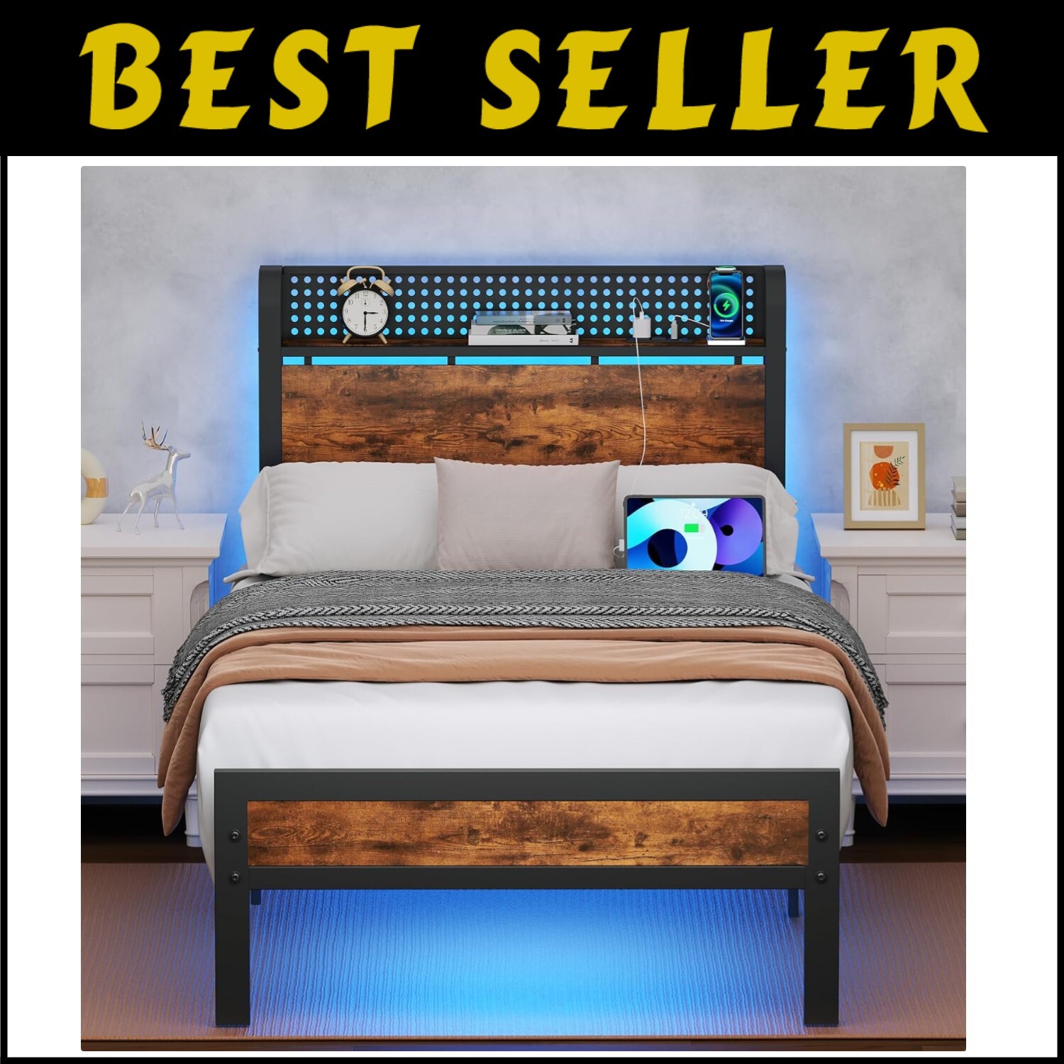 Twin Metal Bed Frame with Adjustable LED Lights and Smart Storage Solutions