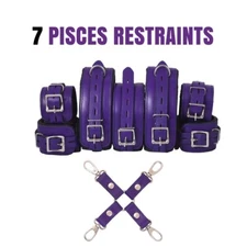 Real Cow Leather Wrist, Ankle, Thigh Cuffs ,Collar Restraint Bondage Set 7 Piece