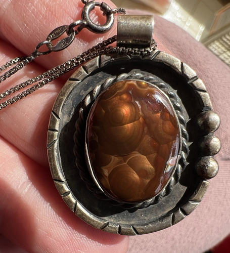 Sterling Fire Agate Pendant Necklace Vintage - Picture 11 of 22