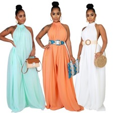 Women's Solid Color Halter Wide-leg Flared Bottoms Casual Loose Chiffon Jumpsuit