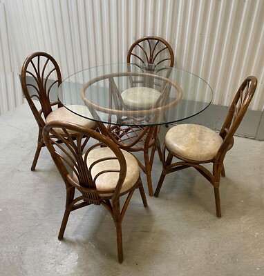 Vintage Tiki Palm Beach Boho Chic Bamboo Rattan Dining Room Table Four  Chairs