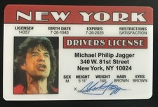 Mick Jagger Drivers License The Rolling Stones Novelty ID Card Rock New York NY