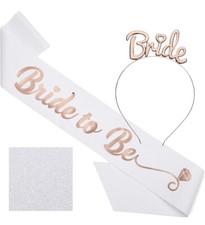 Bachelorette Party White Glitter  Bride to Be' Sash and Tiara Set, Rose Gold