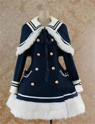 Women Gothic Lolita Winter Coat Sailor Style Navy Blue Jacket