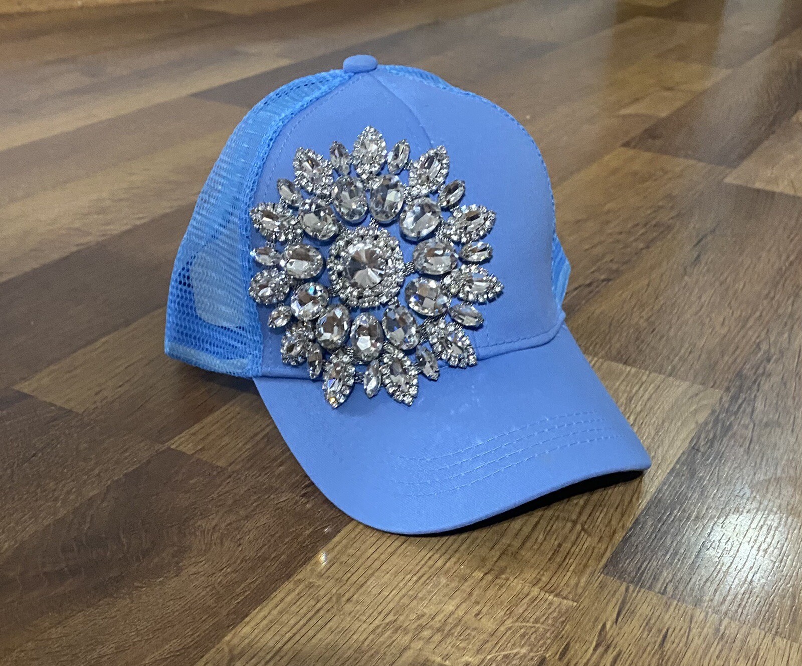 PONY Berretto da baseball donna blu con retro in rete blu strass con foro coda di cavallo