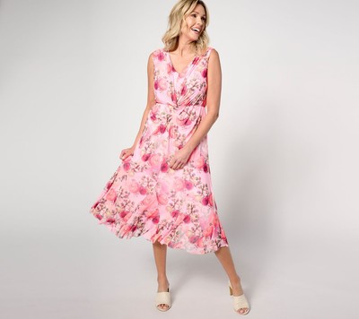 NEW Isaac Mizrahi Live! XLP Twist Front Mesh Midi Dress in Pink Floral QVC 2483