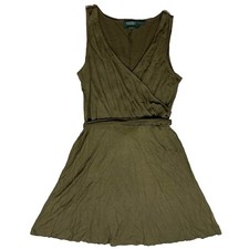 Ralph Lauren 100% Silk Dress Green Womens P/L Petite Large Sleeveless Tie A55