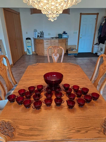 Royal Ruby Red Anchor Hocking Vintage Punch Bowl With Stand & Cups Set Of 28