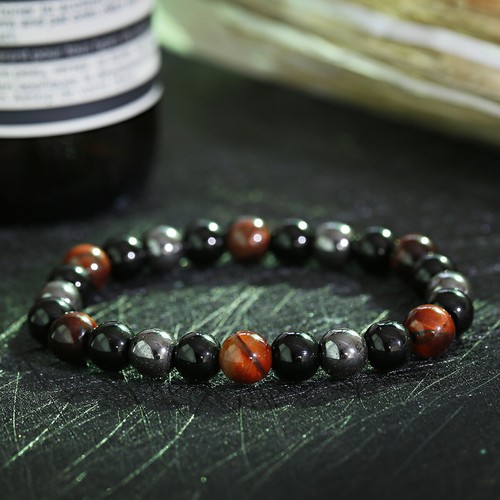 Retro Triple Protection Necklace Tiger Eye Hematite Obsidian Stone Men Bracelets - Picture 25 of 43