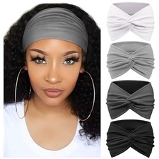4 Pack Turban Headbands for Women Wide 4 Pcs: Black/Dark Grey/White/Grey