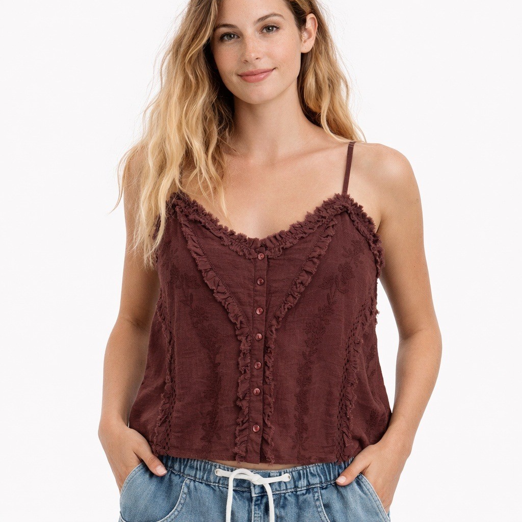 Zara Brown Embroidered Ruffle Trim Button Front Cami Top Romantic Boho Medium