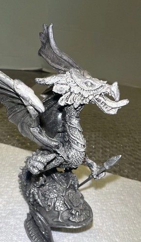 Pewter Dragon On Detailed Medieval Helmet Holding Scepter Spear 4.5” Tall