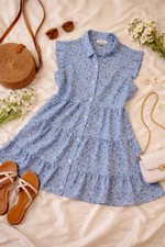 Monteau Floral Dress Women L Tiered Button Front Ruffle Sleeve Boho Casual Summe