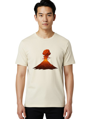 Volcano-Eruption Mens Graphic Tee, 100% Cotton, Casual Summer Wear