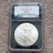 2012 American Silver Eagle $1 coin, graded by NGC as perfect MS 70