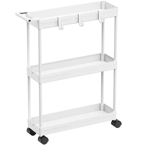 Simple Houseware 3-Tier Slim Rolling Storage Cart 5.5-In Wide 27.5-In White