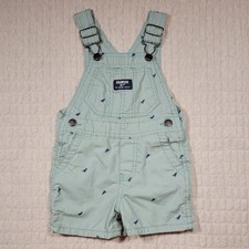 OshKosh B'Gosh Green Dinosaur Overalls 12 Months Shortalls Sage Navy Blue 12M