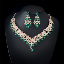 Gold Green Rhinestone Necklace Earrings Jewelry Set Bridal Wedding Party Set