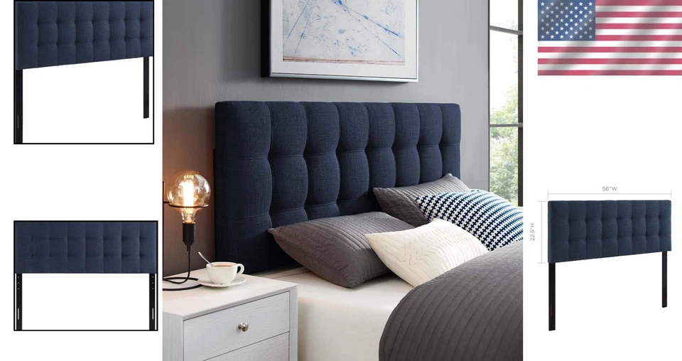 Lujoso cabecero tapizado completo de altura ajustable en tela de lino azul marino Foto 2 de 4