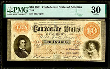 1861 CSA Confederate States of America $10 Banknote T-24 PF-11 Cr. 164 PMG VF30
