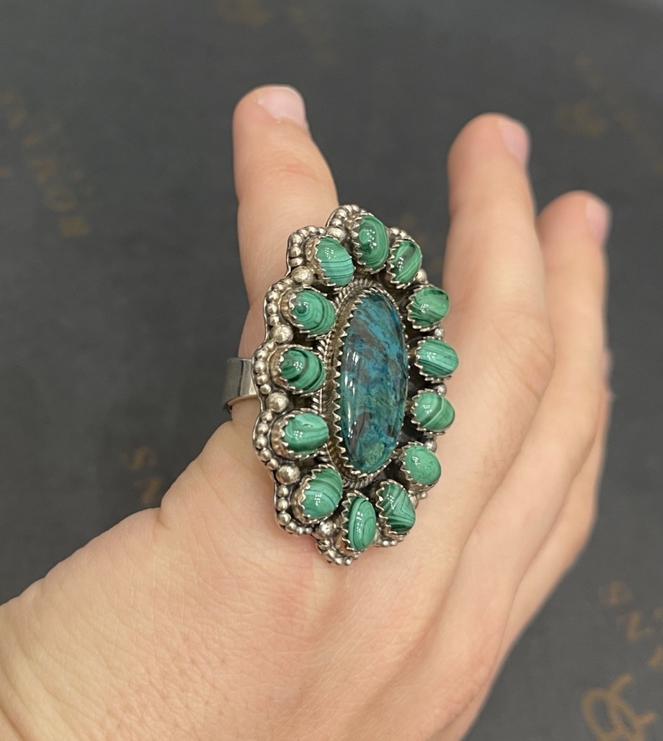 Malachite Cluster Ring Sterling Silver Center Sto… - image 15
