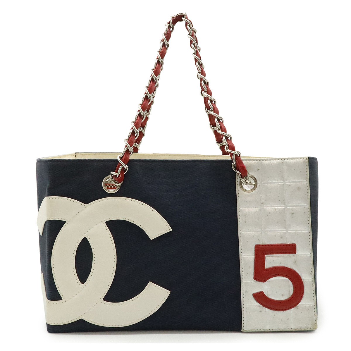 CHANEL Coco Mark 5 Navy Silver Chain Canvas Shoulder Tote Bag A18644 151164
