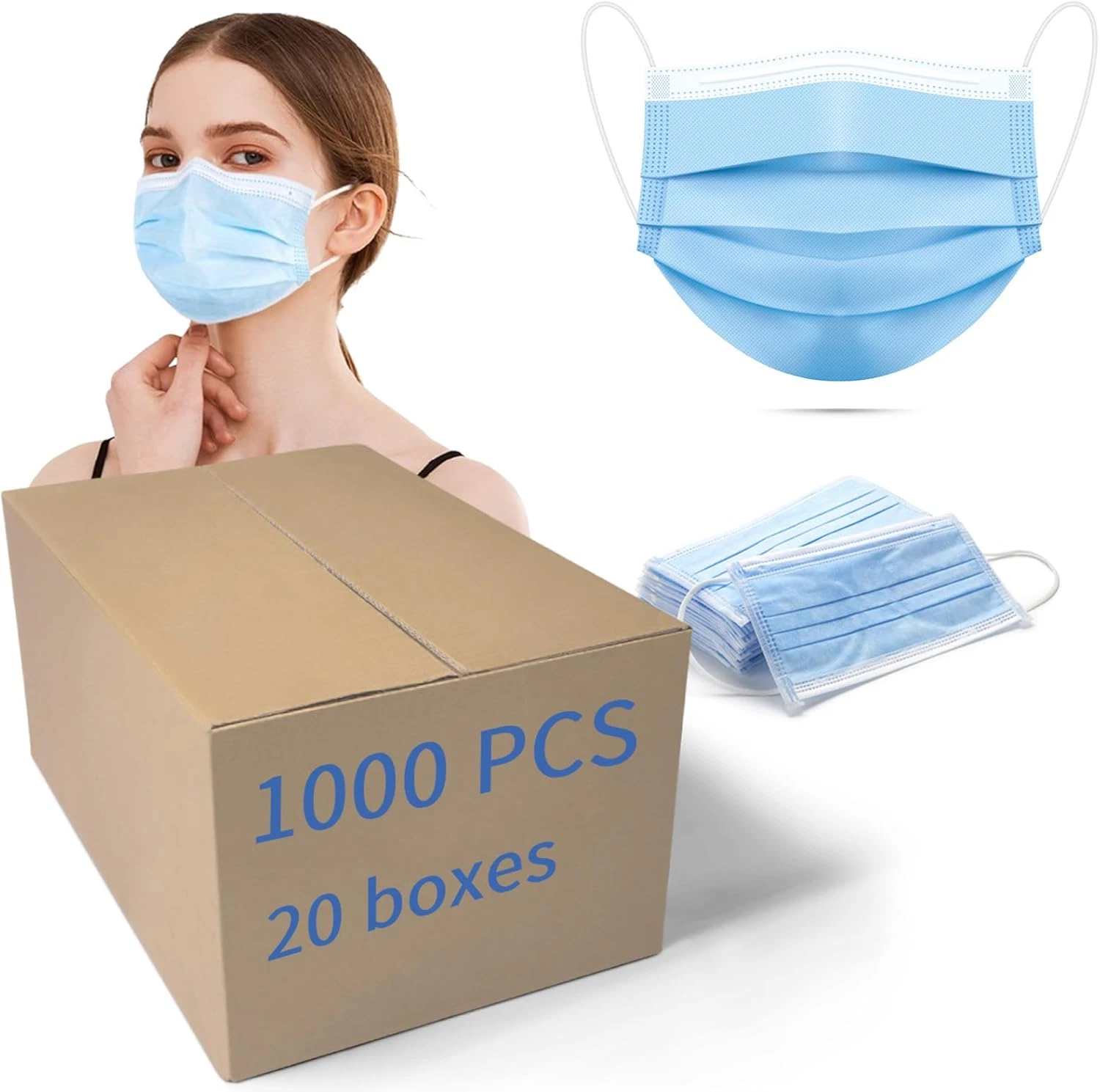 1000 Blue 3-Ply Disposable Face Masks - 20 Boxes of Earloop Protection