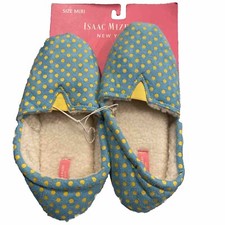 New Isaac Mizrahi Women's Slippers Size Medium Light Blue With Yellow Polka Dots