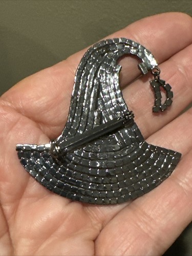 Vintage Halloween Black Rhinestone Witch Hat Pin Brooch ~Hand Set Stones MOON - Imagen 2 de 5