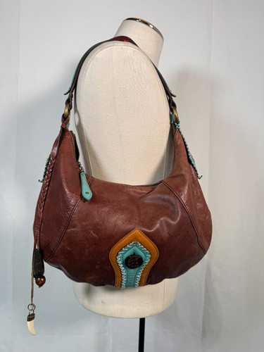 Borsa a tracolla boho vintage Y2K BCBG ragazza pelle marrone cognac hobo borsa a mano nappe - Foto 16 di 18