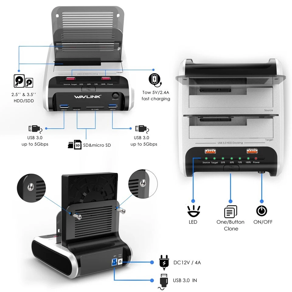 USB 3.0 a SATA 2.5" 3.5" SSD HDD Disco Duro Estación de Acoplamiento Lector de Tarjetas SD Hub Foto 4 de 4