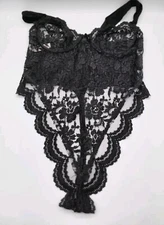 Vgt Bodysuit Teddy  Nylon Lace Lingerie ALANA GALE Medium Black French Cut Y2K