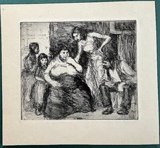 1930's Etching Original GEORGE RENOUARD N.Y.  Listed WPA artist " FAMILY TALK "