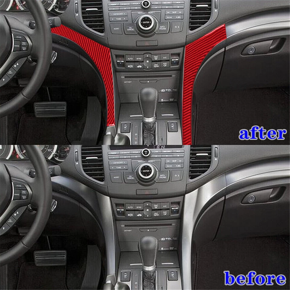 Cubierta lateral de consola central de fibra de carbono roja 2 piezas para Acura TSX 2009-2014 Foto 3 de 4