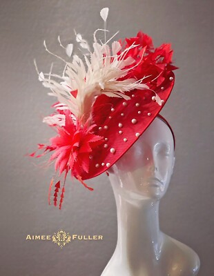 Elegant Bridal Hat Faux Pearl Red Cream Royal Ascot 