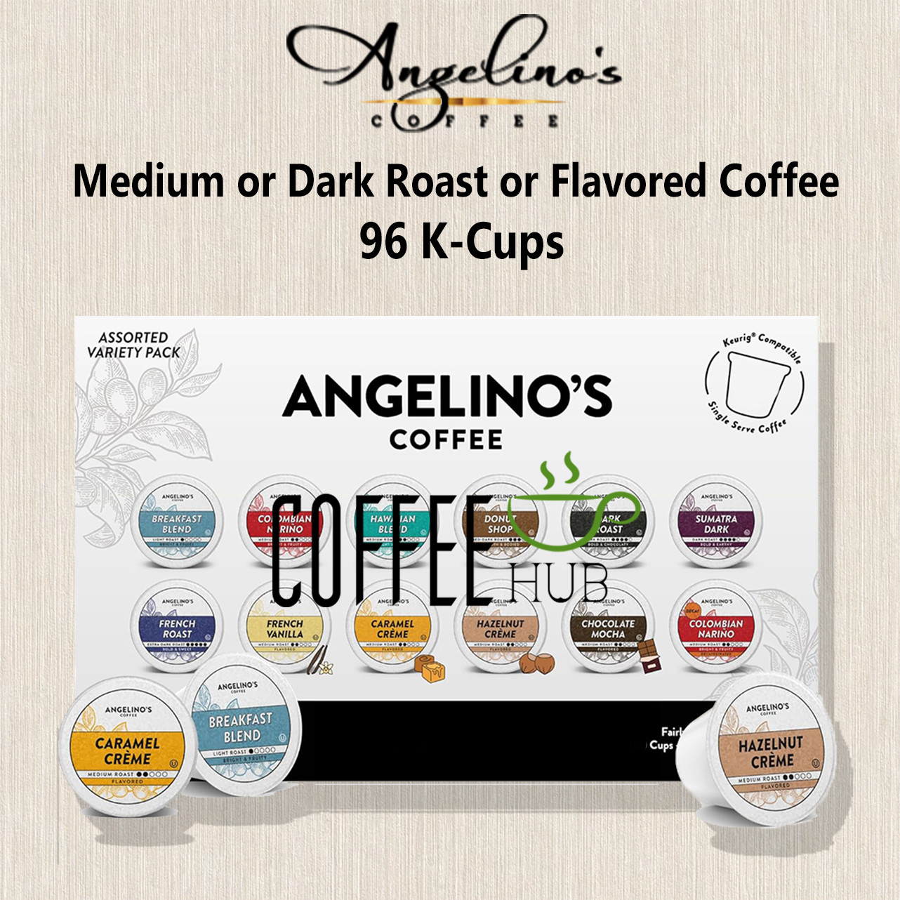 Angelino Flavored Coffee Pods 96 KCups k cups Capsules Mediu