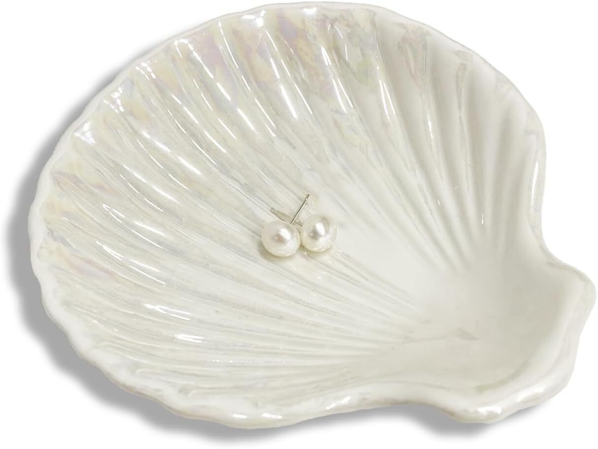 Ring Dish Shell Shape Ceramic Jewelry Tray, Decorative Trinket White