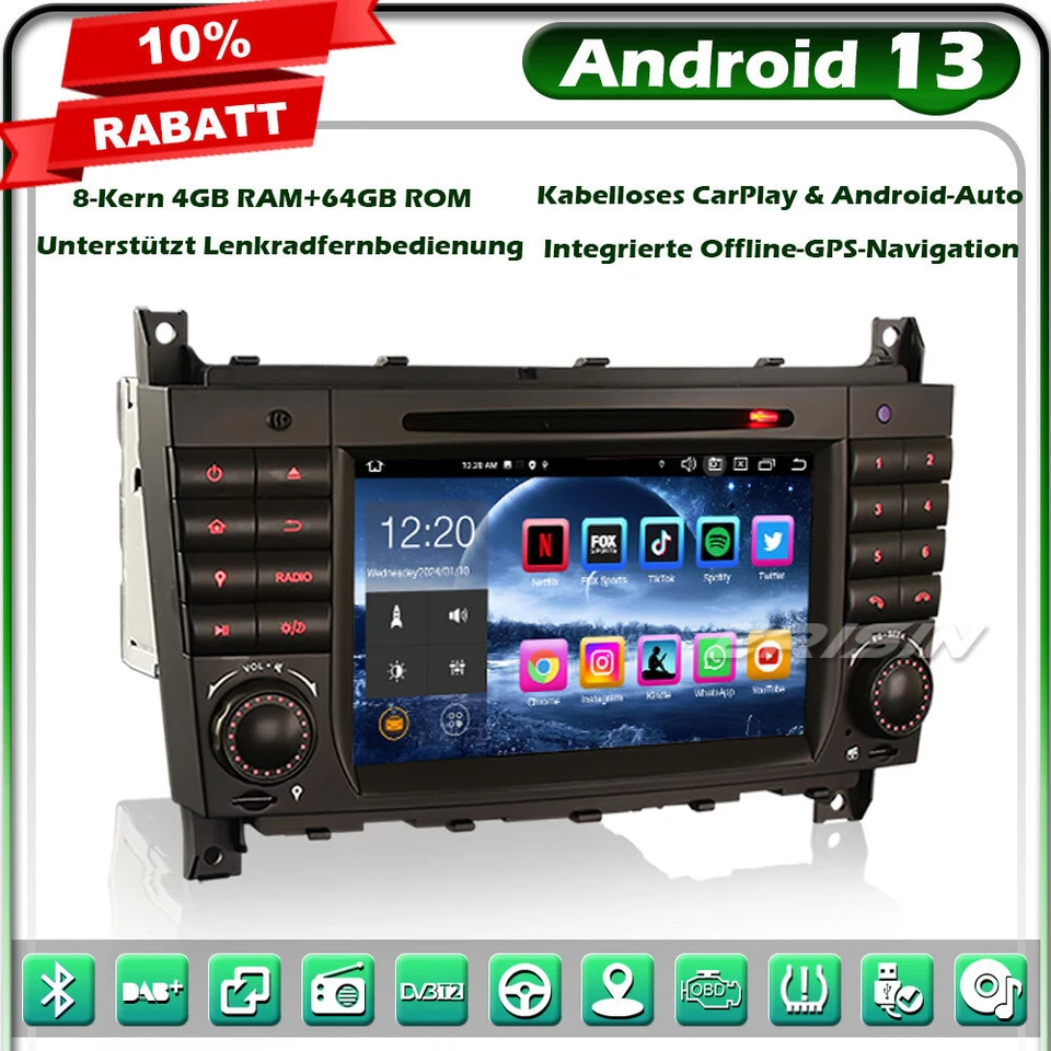 8-Kern Android 13 Autoradio 64GB CarPlay Navi Mercedes C/CLC/G Klasse W203 W463 - Bild 2 von 4