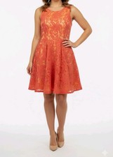Fire Orange Floral Lace Fit & Flare Dress Cut-Out Back Sleeveless Size M