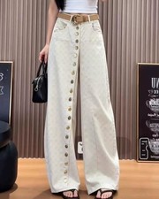 Womens White Beige Cotton Floral Straight Leg Button Decor Fashion Pants Hip Hop