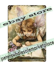 Metal Sign Fairy Girl With Book Flowers garden study theme