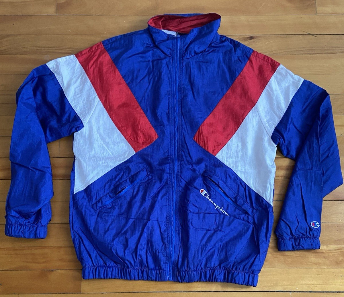 Vintage Champion Windbreaker Full Zip Blue/Red/White Color block Men Size M 