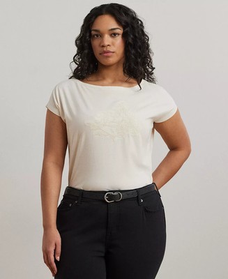 Lauren Ralph Lauren Plus Size Embroidered Boatneck Tee 1X Cotton Jersey