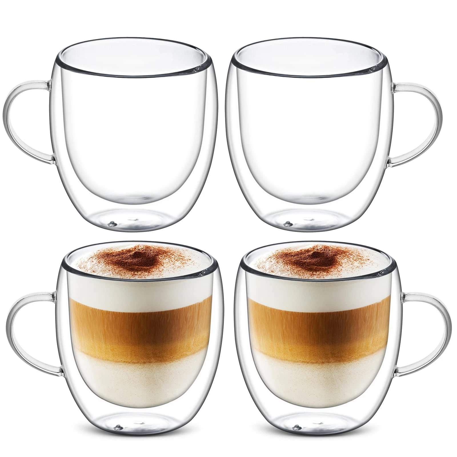 Sorfity Cappuccino Glass Mugs, Set of 4 Double 4 Count (Pack 1), Clear