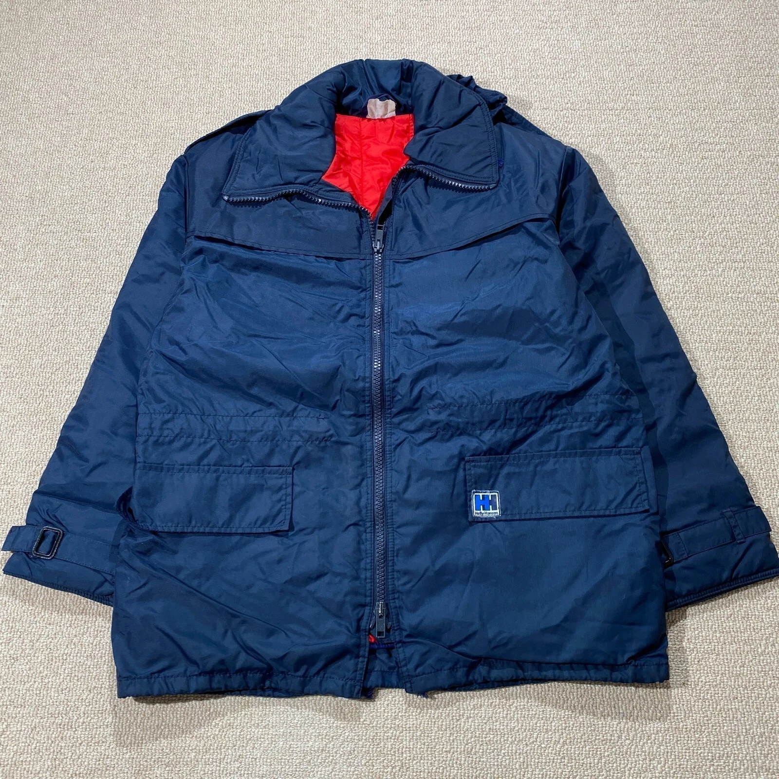 VINTAGE Helly Hansen Jacket Mens XL Navy Blue 70s 80s Waterproof Rain Coat Lined