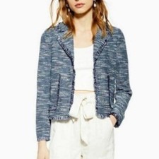 Topshop Women's Navy Open Front Fringe Jersey Boucle Jacket w/ Pockets sz 4