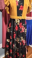Women's Black Yellow Red Floral V-Neck Long Sleeve Maxi Dress Belted Buckle S